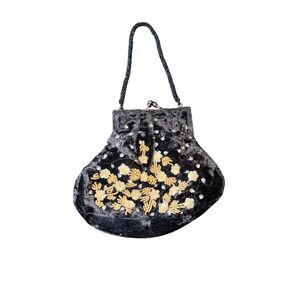 Christian Livingston Evening Bag Black Velvet Floral Beaded Kiss Lock Vintage
